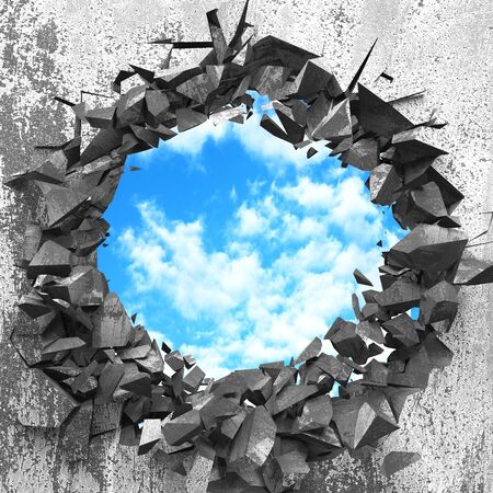 Ð¡racked broken hole in concrete wall to cloudy sky. Freedom concept. Grunge background. 3d render illustrationの写真素材