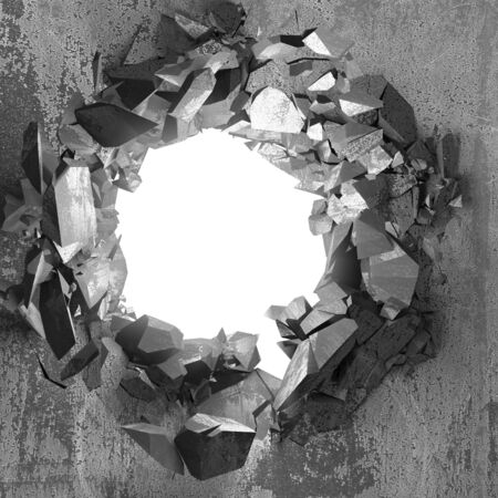 Dark cracked broken hole in concrete wall. Grunge background. 3d render illustrationの写真素材