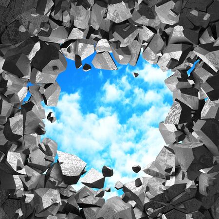 Ð¡racked broken hole in concrete wall to cloudy sky. Freedom concept. Grunge background. 3d render illustrationの写真素材