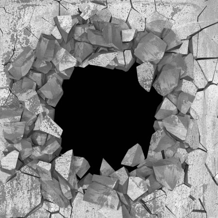 Dark cracked broken hole in concrete wall. Grunge background. 3d render illustrationの写真素材