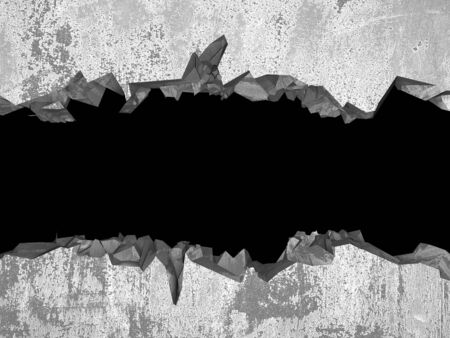 Dark cracked broken hole in concrete wall. Grunge background. 3d render illustration