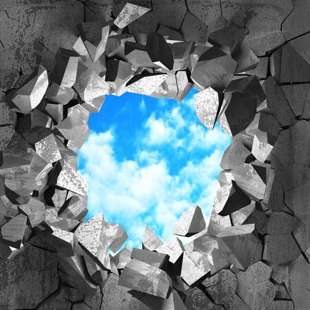 Ð¡racked broken hole in concrete wall to cloudy sky. Freedom concept. Grunge background. 3d render illustrationの写真素材