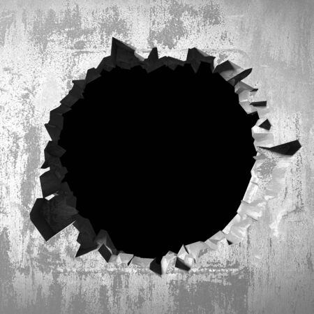 Dark cracked broken hole in concrete wall. Grunge background. 3d render illustrationの写真素材