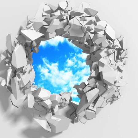 Ð¡racked broken hole in white wall to cloudy sky. Freedom concept. Grunge background. 3d render illustrationの写真素材