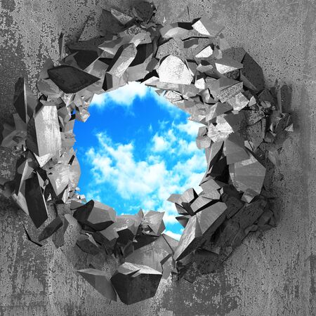 Ð¡racked broken hole in concrete wall to cloudy sky. Freedom concept. Grunge background. 3d render illustrationの写真素材