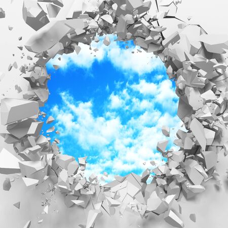 Ð¡racked broken hole in white wall to cloudy sky. Freedom concept. Grunge background. 3d render illustrationの写真素材