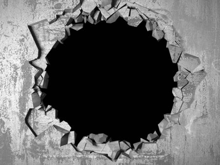 Dark cracked broken hole in concrete wall. Grunge background. 3d render illustrationの写真素材