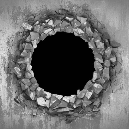 Dark cracked broken hole in concrete wall. Grunge background. 3d render illustrationの写真素材