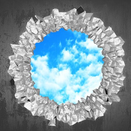 Ð¡racked broken hole in concrete wall to cloudy sky. Freedom concept. Grunge background. 3d render illustrationの写真素材