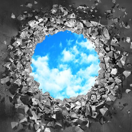 Ð¡racked broken hole in concrete wall to cloudy sky. Freedom concept. Grunge background. 3d render illustrationの写真素材