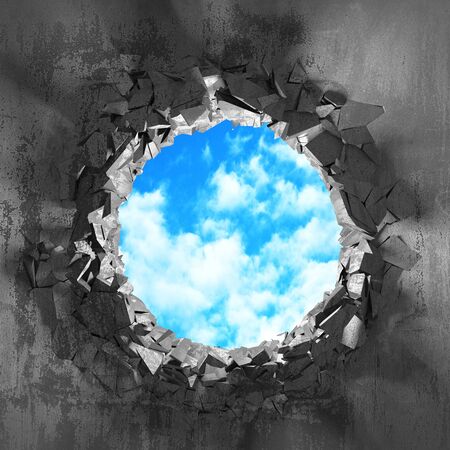 Ð¡racked broken hole in concrete wall to cloudy sky. Freedom concept. Grunge background. 3d render illustrationの写真素材