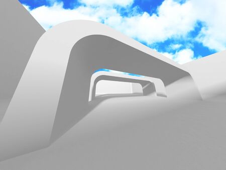 Futuristic White Architecture Design on Cloudy Sky Background. Abstract Construction Concept. 3d Render Illustrationの写真素材