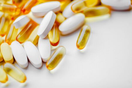 Different pharmacology capsules pills heap. Medicine backgroundの写真素材