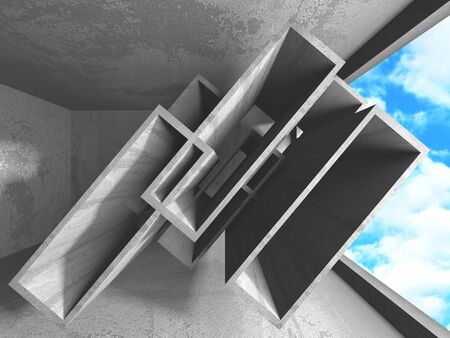 Concrete room wall construction on cloudy sky background. Abstract architecture design concept. 3d render illustrationの写真素材