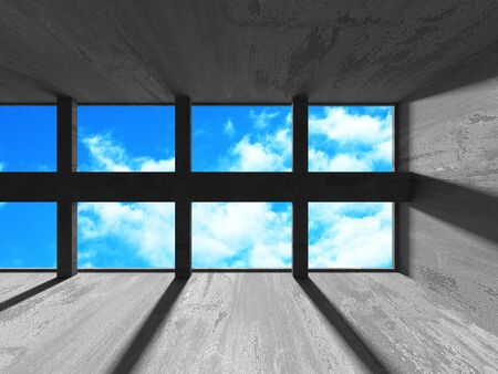 Concrete room wall construction on cloudy sky background. Abstract architecture design concept. 3d render illustrationの写真素材