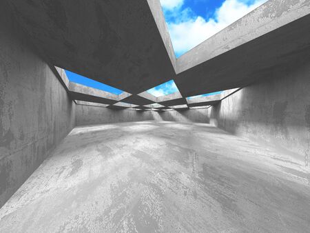 Concrete room wall construction on cloudy sky background. Abstract architecture design concept. 3d render illustrationの写真素材