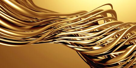 Golden tubes metallic wavy background. 3d render illustration