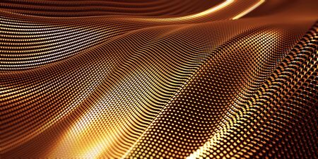 Golden abstract wavy liquid background. 3d render illustration