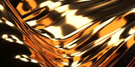 Golden abstract wavy liquid background. 3d render illustrationの写真素材