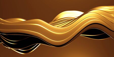 Golden abstract wavy liquid background. 3d render illustration