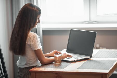 Girl working on computer laptop in light room. Woman chat in social network via net-book in modern interiorの写真素材