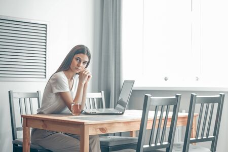 Girl working on computer laptop in light room. Woman chat in social network via net-book in modern interiorの写真素材
