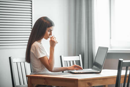 Girl working on computer laptop in light room. Woman chat in social network via net-book in modern interiorの写真素材