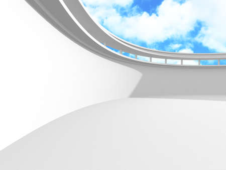 Empty white room interior with window to sky. 3d render