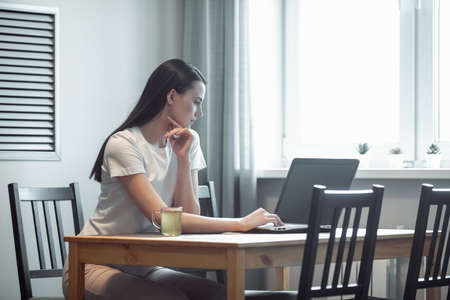 Girl working on computer laptop in light room. Woman chat in social network via net-book in modern interiorの写真素材