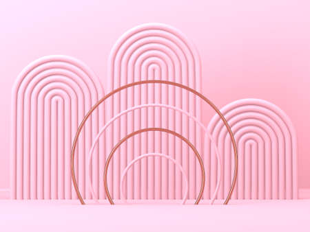 Abstract minimal scene with geometrical forms. Pink cream background. 3d renderの写真素材