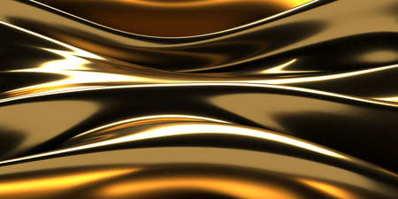 Golden abstract wavy liquid background. 3d render illustration