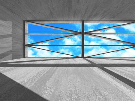 Concrete room wall construction on cloudy sky background. Abstract architecture design concept. 3d...