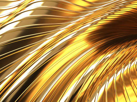 Golden abstract wavy liquid background. 3d render illustrationの写真素材