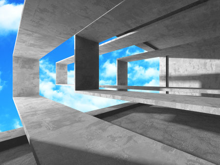 Concrete room wall construction on cloudy sky background. Abstract architecture design concept. 3d renderの写真素材