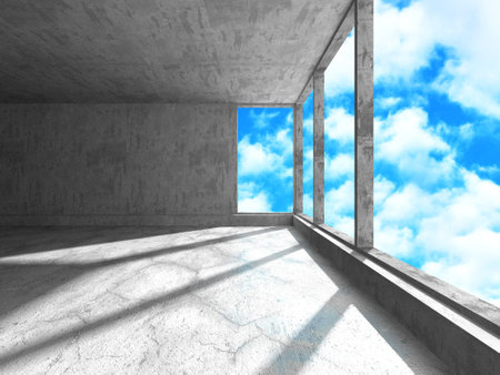 Concrete room wall construction on cloudy sky background. Abstract architecture design concept. 3d renderの写真素材