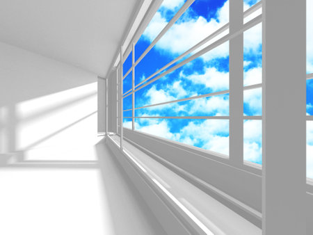 Empty white architecture with sky view. 3d renderの写真素材