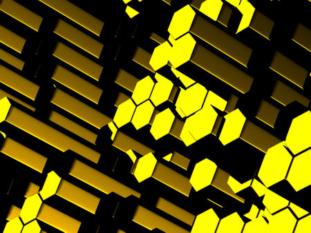 Hexagonal shape blocks golden background. 3d render illustration