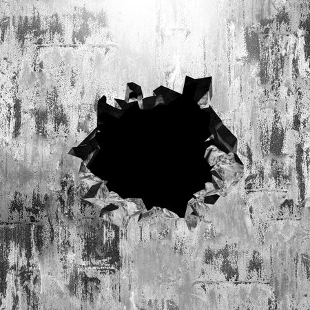 Explosion broken concrete wall bullet hole destruction. Dark cracked hole in wall. Grunge background. 3d render illustrationの写真素材