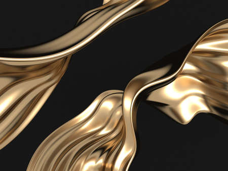 Golden abstract wavy liquid background. 3d render illustration