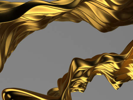 Golden abstract wavy liquid background. 3d render illustration