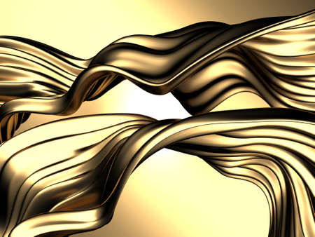 Golden abstract wavy liquid background. 3d render illustrationの写真素材