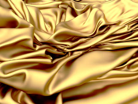 Golden fabric silk background. Yellow satin wavy texture. 3d render illustrationの写真素材