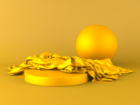 Golden luxurious fabric covered empty podium. 3d render illustrationの写真素材