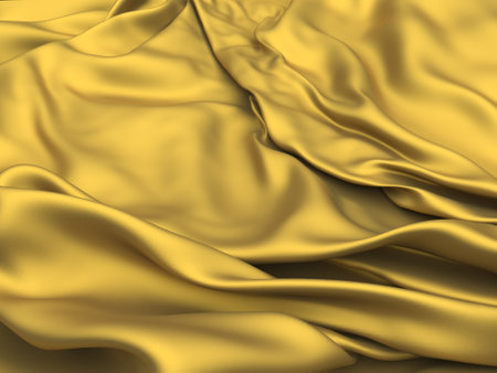 Golden fabric silk background. Yellow satin wavy texture. 3d render illustrationの写真素材
