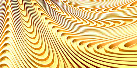 Golden abstract wavy liquid background. 3d render illustrationの写真素材