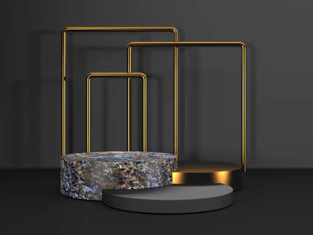 Black stand podium on dark background. Realistic dark platform. 3d renderの写真素材