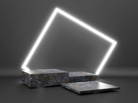 Black stand podium on dark background. Realistic dark platform. 3d renderの写真素材