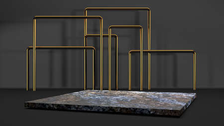 Black stand podium on dark background. Realistic dark platform. 3d render