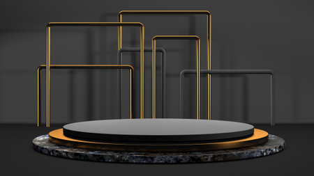 Black stand podium on dark background. Realistic dark platform. 3d render