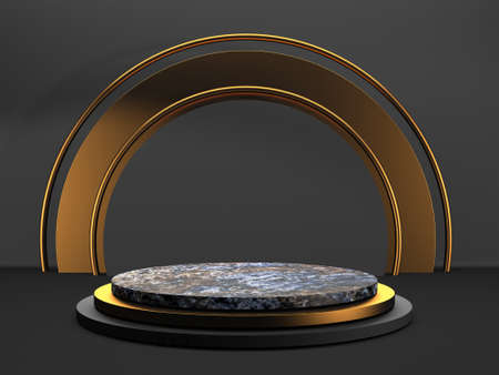 Black stand podium on dark background. Realistic dark platform. 3d renderの写真素材